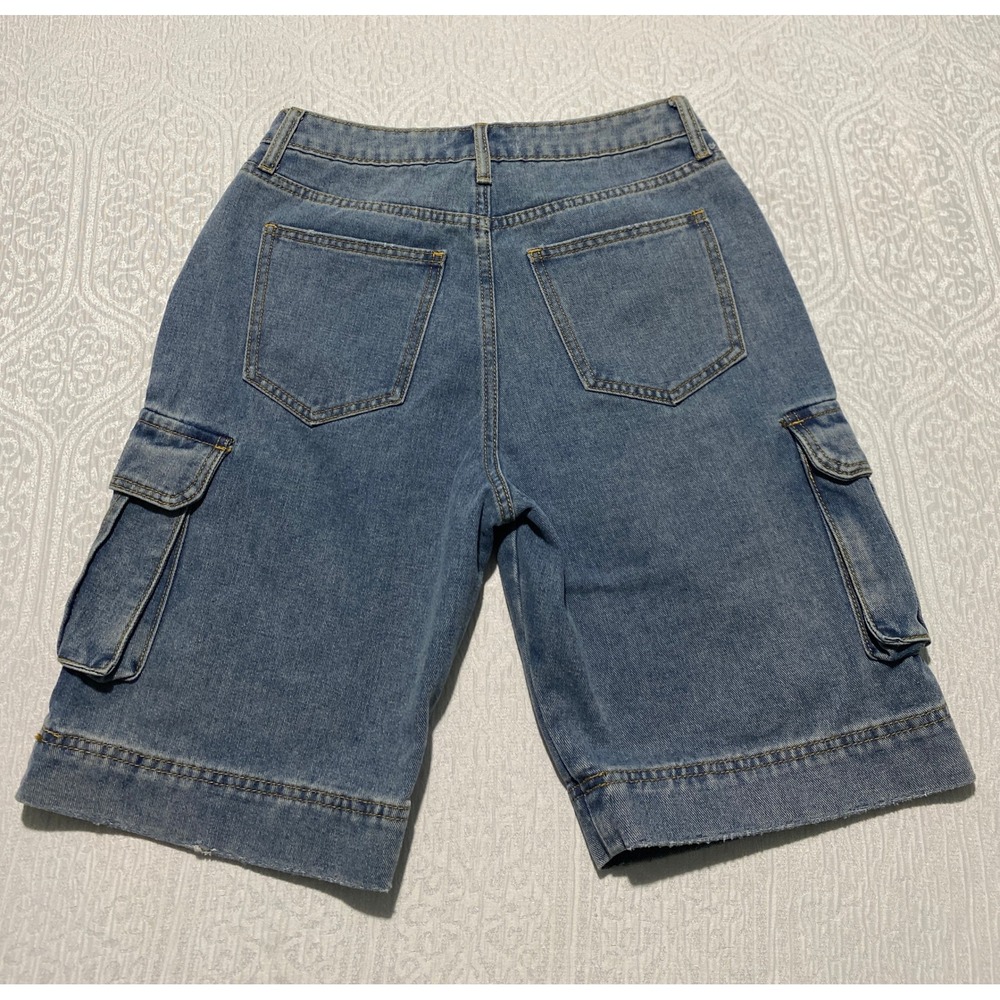 Refrain Los Angeles Womens Cargo Denim Shorts Jorts Medium Wash Blue Size 3/26